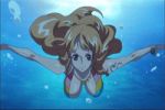 1girl alluring anime bikini breasts female female_only gif large_breasts long_hair multicolored_bikini nami ocean one_piece orange_hair side-tie_bikini smile solo striped_bikini swimming underwater water watermark