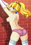 1girl against_wall alternate_hairstyle artemisumi ass back blonde_hair blue_eyes blush breasts crown earrings elbow_gloves gloves jewelry legwear looking_back mario_(series) nintendo nipples panties panties_only ponytail princess princess_peach seraphina solo super_mario_bros. sweat tears topless underwear