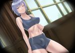  1girl blue_eyes blue_hair breasts bulge dutch_angle electric_sheep erect_nipples female final_fantasy final_fantasy_(series) final_fantasy_type-0 futanari large_breasts looking_at_viewer medium_breasts midriff navel pantyhose seven_(fft-0) short_hair shorts skin_tight solo sports_bra tights toned 