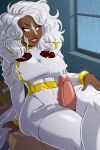  1boy 1girl aeolus big_breasts breasts clothed clothed_female comic_book_character dark-skinned_female dark_skin empty_eyes female_focus high_res interracial leaning_back light_blush long_hair male/female marvel mature mature_female mutant_(marvel) nipple_bulge ororo_munroe penis penis_between_legs penis_between_thighs red_lipstick sitting_on_person smile storm_(x-men) superhero_costume superheroine teeth_showing thick_thighs thigh_sex thighjob white_eyes white_hair x-men x-men:_the_animated_series 