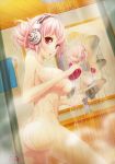 1girl alternate_hairstyle ass bare_shoulders bathing bathroom breasts female hair_up headphones large_breasts mirror nitroplus nude pink_hair red_eyes reflection shanpao short_hair shower soap solo steam super_sonico water