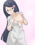 black_hair blue_eyes breasts clothes dark_hair glasses hair_ornament labcoat long_hair makomo_(pokemon) nipple nipples pokemon smile undressing