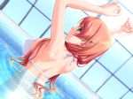  1girl akibakei_kanojo akibakei_kanojyo aoi_ren arms_up back bikini breasts dutch_angle erect_nipples female female_only game_cg green_eyes hair_ornament hairclip huge_breasts long_hair pink_hair pool rei_no_pool sano_toshihide sideboob solo swimsuit that_pool underboob water wet 