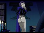 1girl ass bedroom belt big_ass breast cloak dat_ass dc_comics grey_skin hentainador legs leotard leotard_pull looking_at_viewer looking_back naughty_face one_eye_closed purple_eyes purple_hair raven_(dc) short_hair sideboob standing tagme teen_titans wink