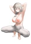 1girl 1girl 1girl armpits arms_behind_head arms_up bangs bare_shoulders big_breasts blush breasts clavicle cleavage closed_eyes clothing erect_nipples exposed_breasts greem_bang grey_hair grey_pants grin hair_over_shoulder high_resolution long_hair low_tied_hair mature milf navel nipples paid_reward pants pink_nipples smile squatting tight tight_pants topless underwear uzaki-chan_wa_asobitai! uzaki_tsuki very_high_resolution yoga_pants