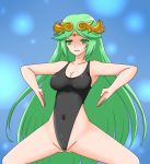 big_breasts black_swimsuit breasts cleavage corruption green_eyes green_hair haigure haigure_pose kid_icarus kid_icarus_uprising leotard one-piece_swimsuit palutena pose san-shiki solo spread_legs swimsuit