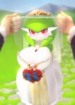 1boy 1girl big_breasts blurry_background blush bouquet breasts bride busty cleavage clothed clothing depth_of_field female female_focus first_person_view flower flowers fully_clothed game_freak gardevoir gen_3_pokemon green_body green_hair green_skin groom hair huge_breasts human human_pov humanoid interspecies light-skinned_male light_skin male male_pov multicolored_body multicolored_skin mystical nintendo outside plantpenetrator poke_ball pokemon pokemon_(species) pokephilia pov pov_hands premier_ball red_eyes smile standing two_tone_body two_tone_skin veil wedding wedding_dress wedding_veil white_body white_skin wholesome