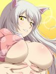  1girl animal_ears bakemonogatari bangs black_hanekawa blush body_blush breast_hold breasts breasts_apart bust cat_ears erect_nipples face fang female fingernails floating_hair grey_hair grin hair_between_eyes hands hanekawa_tsubasa hanekawa_tsubasa_(cat) hayashi_custom hayashi_kasutamu kemonomimi_mode large_breasts lens_flare long_fingernails long_hair long_image looking_at_viewer monogatari_(series) naughty_face nekomonogatari no_bra open_clothes open_shirt pajamas parted_bangs sharp_teeth shirt sideboob silver_hair simple_background slit_pupils smile solo tall_image teeth underboob upper_body white_hair yellow_background yellow_eyes 