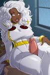  1boy 1girl aeolus big_breasts breasts clothed clothed_female comic_book_character dark-skinned_female dark_skin empty_eyes female_focus high_res interracial leaning_back light_blush long_hair male/female marvel mature mature_female mutant_(marvel) nipple_bulge ororo_munroe penis penis_between_legs penis_between_thighs red_lipstick sitting_on_person smile storm_(x-men) superhero_costume superheroine teeth_showing thick_thighs thigh_sex thighjob white_eyes white_hair x-men x-men:_the_animated_series 