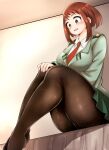 1girl 1girl 1girl adahcm big_breasts blush brown_eyes brown_hair female_only high_res high_resolution legs my_hero_academia ochako_uraraka pantyhose school_uniform short_hair sitting smile solo_female solo_focus tagme thick_thighs u.a._school_uniform