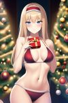 1girl alice_schuberg alluring bikini blonde_hair blue_eyes christmas christmas_bikini christmas_tree nightcore_(artist) santa_bikini sword_art_online