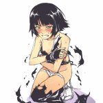 1girl bangs black_hair bleach blunt_bangs blush breasts clenched_teeth covering embarrassed fundoshi grey_eyes kneeling mosha nipple_slip nipples no_bra panties panty_pull short_hair sketch small_breasts soifon solo sui-feng sweat teeth torn_clothes twintails underwear white_panties