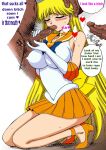  1girl 2boys big_breasts bishoujo_senshi_sailor_moon black_dog blonde_hair blue_eyes blue_hair closed_eyes dark-skinned_male fellatio masturbation minako_aino multiple_penises oral_sex sailor_venus sneakers 