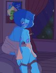  1girl alien alien_girl bean_bag bed bedroom blue_body blue_hair blue_skin blush bow_panties breasts cartoon_network christmas christmas_tree drawinecchi gem_(species) lapis_lazuli lapis_lazuli_(steven_universe) panties panties_down picture_frame self_upload short_hair simple_shading sitting steven_universe underwear undressing window 