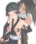  2girls between_breasts black_hair bleach blush breast_grab breasts clothes_between_breasts dark_skin ear_lick ear_licking gloves grabbing licking multiple_girls nipple_tweak nipples ponytail shihouin_yoruichi shimano_natsume soifon yuri 