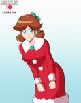 1girl blue_eyes brown_hair christmas christmas_outfit dress dress_lift gif grin high_heels nintendo panties pantyhose princess_daisy short_hair smile solo_female solo_focus super_mario_bros.