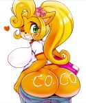 1girl anthro ass bandicoot big_ass big_breasts blonde breasts bubble_butt clothed coco_bandicoot crash_bandicoot_(series) curvy dat_ass exposed_ass eyelashes flower_in_hair from_behind furry green_eyes hair_over_one_eye huge_ass jeans long_hair looking_at_viewer looking_back mammal marsupial presenting round_ass sexy shirt sideboob slut smile standing teeth thick thick_thighs white_background whore wide_hips wink writing