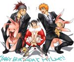  1girl 2boys abarai_renji bare_shoulders black_hair bleach dress english footwear formal hair_between_eyes happy_birthday kneehighs kon kuchiki_rukia kurosaki_ichigo love_triangle multiple_boys one_eye_closed short_twintails socks stuffed_animal stuffed_bunny stuffed_lion stuffed_toy suit twintails wink 