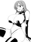 1girl 774_(nanashi) areola areolae bleach blush breasts collar curvy gloves huge_breasts inoue_orihime leather long_hair monochrome panties sitting solo sweat thighhighs thong underwear