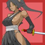  1girl areolae black_hair bleach breasts dark_skin gloves katana large_breasts nipple_slip nipples ponytail shihouin_yoruichi sideboob solo sword weapon yellow_eyes yukiguni_eringi 