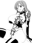 1girl 774_(nanashi) areola areolae bleach blush breasts collar curvy gloves huge_breasts inoue_orihime leather long_hair monochrome navel panties pubic_tattoo sitting solo sweat tattoo tattoos thighhighs thong underwear