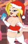  1girl alien alien_girl ass blonde_hair blue_eyes cellphone christmas christmas_clothing christmas_dress christmas_hat christmas_outfit dc_comics dc_super_hero_girls dc_super_hero_girls_(2019) dress female_only gloves grin hat long_gloves mistletoe muscle muscular muscular_female planz34 santa_hat short_hair smartphone smile solo_female solo_focus stockings supergirl wide_hips 