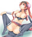 1girl anus ass belt black_legwear blue_eyes breasts breasts_outside bun_cover double_bun feet female gintama goggles goggles_on_head gyonikun kagura_(gintama) large_breasts long_hair navel nipples no_panties no_shoes pussy red_hair sitting skirt solo spread_legs thighhighs uncensored