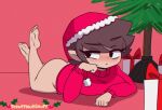 1girl ass bottomless box brown_hair christmas christmas_hat christmas_tree female_only gif hat lying_down lying_on_stomach olivia_(scruffmuhgruff) present santa_hat scruffmuhgruff short_hair solo_female solo_focus sweater yawn yawning