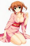 1_girl 1girl absurd_res absurdres alpha_(yukai_na_nakamatachi) bare_legs blush breasts brown_hair cleavage collarbone dango eating female food food_in_mouth green_eyes high_res highres japanese_clothes kimono kneel kneeling legs looking_at_viewer mouth_hold neck no_panties off_shoulder open_clothes open_kimono pink_kimono seiza shiny shiny_skin short_hair simple_background sitting solo two_side_up wagashi white_background yukata