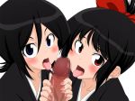 2girls artist_request black_hair bleach bleach:_memories_of_nobody blue_eyes blush censored fellatio handjob kuchiki_rukia multiple_fellatio multiple_girls oral penis red_eyes ribbon robe senna senna_(bleach) short_hair tongue young younger