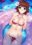  1girl amami_haruka belly bikini blush breasts breasts_outside brown_hair cum cum_on_body cum_on_breasts cum_on_upper_body female flower green_eyes hair_flower hair_ornament hair_ribbon hidebou idolmaster innertube large_breasts navel petals ribbon side-tie_bikini smile solo swimsuit untied water 