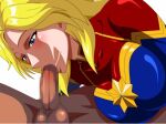 1boy 1girl big_breasts blonde_hair blue_eyes blush captain_marvel carol_danvers censored comic_book_character cosplay dark-skinned_male fellatio kame_(artist) long_hair male marvel straight superheroine