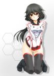  1girl black_hair black_legwear black_thighhighs blush boots bottomless brown_eyes female infinite_stratos kneeling long_hair mutsuki_ginji orimura_chifuyu school_uniform skirt solo thighhighs 