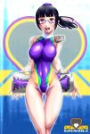  1girl alluring bikini black_hair breasts brown_eyes coma_(coma303) fingernails glasses high_res kyoryu_violet looking_at_viewer open_mouth ponytail semi-rimless_eyewear super_sentai swimsuit thigh_gap under-rim_eyewear voluptuous yayoi_ulshade zyuden_sentai_kyoryuger 