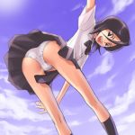 1girl ass bent_over black_eyes black_hair black_legwear bleach dark_eyes dark_hair footwear hair_between_eyes kuchiki_rukia legs long_legs looking_at_viewer looking_back mosha open_mouth panties pantyshot rukia_kuchiki school_uniform serafuku sky smile socks solo underwear upskirt white_panties