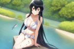 1girl akame_(akame_ga_kill!) akame_ga_kill! alluring bikini black_hair cleavage fish lake long_hair nightcore_(artist) on_bench otakutestingai red_eyes wet white_bikini