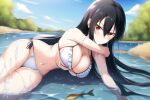 1girl akame_(akame_ga_kill!) akame_ga_kill! alluring big_breasts bikini black_hair cleavage fish lake long_hair nightcore_(artist) otakutestingai red_eyes wet white_bikini