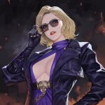  1girl adjusting_eyewear alluring belt belt_buckle big_breasts black_gloves black_jacket blonde_hair blue_eyes breasts buckle center_opening chain cleavage death_by_degrees dress fingerless_gloves gloves halter_dress halterneck high_res jacket leather leather_jacket lipstick makeup namco nina_williams no_bra phamoz purple_dress red_lips short_hair silf sunglasses tekken tekken_1 tekken_2 tekken_3 tekken_4 tekken_5_dark_resurrection tekken_7 tekken_8 tekken_blood_vengeance tekken_bloodline tekken_tag_tournament_2 tekken_the_motion_picture upper_body 