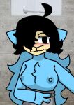  bathroom black_hair blue_nipples blush breasts light_blue_fur light_blue_hair rafaela_mart slendytubbies slendytubbies_oc smug_face teletubbies towel v 