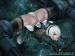 1girl ass bangs bdsm black_legwear bondage bound breasts butt_crack dress hairband judash137 leotard light_skin lingerie long_hair long_sleeves looking_at_viewer machine mole mole_under_mouth nier:_automata nier_(series) open_mouth panties parted_lips short_hair split spread_legs thick_thighs thighs toned underwear upskirt white_hair white_leotard white_panties yorha_no._2_type_b