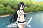 1girl akame_(akame_ga_kill!) akame_ga_kill! alluring bikini black_hair cleavage fish inflatable_fish_toy lake long_hair nightcore_(artist) otakutestingai red_eyes wet white_bikini