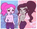 adventure_time ass big_ass black_hair bubble_butt grey_skin jeans long_hair marceline pink_hair pink_skin princess_bubblegum rayryan rayryan_(artist) sideboob smiling topless