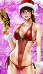 1girl alluring blaster breasts brown_eyes brown_hair christmas glasses gun hat hot lingerie long_hair santa_hat sexy super_sentai swimsuit tabe_koji voluptuous weapon yayoi_ulshade zyuden_sentai_kyoryuger