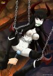  ball_gag black_gold_saw black_hair black_rock_shooter bondage boots breasts chains gag hitachi_magic_wand horns jacket light-skinned_female long_hair palcomix pussy red_eyes shackles slavetoon suspended sweat vibrator vibrator_on_pussy 