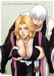 1boy 1girl azasuke beauty_mark bleach blonde_hair blue_eyes breast_grab breasts cleavage closed_eyes grabbing groping hair haori huge_breasts ichimaru_gin japanese_clothes jewelry leaning_forward long_hair matsumoto_rangiku mole necklace short_hair taichou_badge taichou_haori tongue white_hair