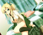  1girl aqua_eyes bed bedroom black_legwear blonde_hair blush boku_wa_tomodachi_ga_sukunai breasts butterfly butterfly_hair_ornament cleavage female hair_ornament kashiwazaki_sena kyaro_(kyaro54) long_hair panties ponytail school_uniform skirt socks solo underwear undressing 