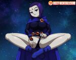 1girl belt big_breasts boots cloak dc_comics leotard looking_at_viewer older older_female open_legs pale_skin purple_hair raven_(dc) reit short_hair space tagme teen_titans tight_clothing watermark young_adult young_adult_female young_adult_woman