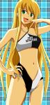 1girl bikini blonde_hair female green_eyes halterneck hand_on_hip hips kiiro long_hair long_image mahou_sensei_negima mahou_sensei_negima! ojou-sama_pose plaid plaid_background solo swimsuit tall_image tartan very_long_hair yukihiro_ayaka