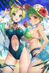 2_girls beach dohyun0305 drink drinking female_focus female_only foo_fighters glasses_on_head green_bikini green_eyes green_hair hand_on_hip jean_shorts jeans jojo's_bizarre_adventure jolyne_kujo long_hair looking_at_viewer navel_piercing one-piece_swimsuit orange_eyes piercing short_hair stone_ocean straw_hat thick_thighs wholesome