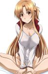 1girl alluring asuna_(sao) asuna_yuuki auburn_hair bare_legs barefoot brown_hair covering_pussy insanely_hot naked_from_the_waist_down shigeru_sanada sweater sword_art_online yuuki_asuna